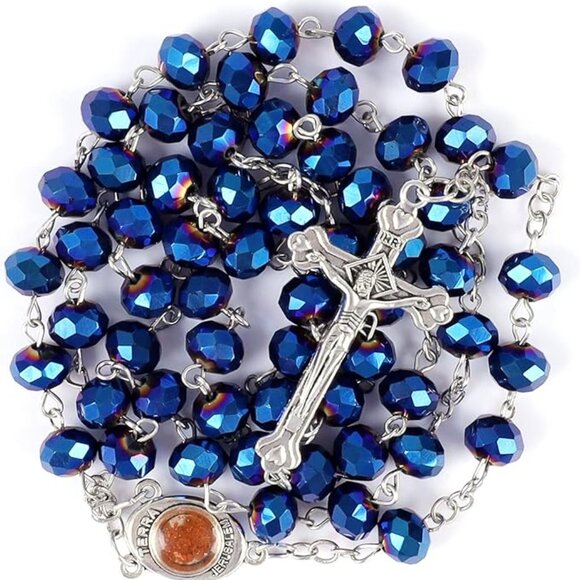 Deep Metallic Blue Crystal Rosary Necklace Jesus Cross Religious Jewelry NWOT - Picture 12 of 13